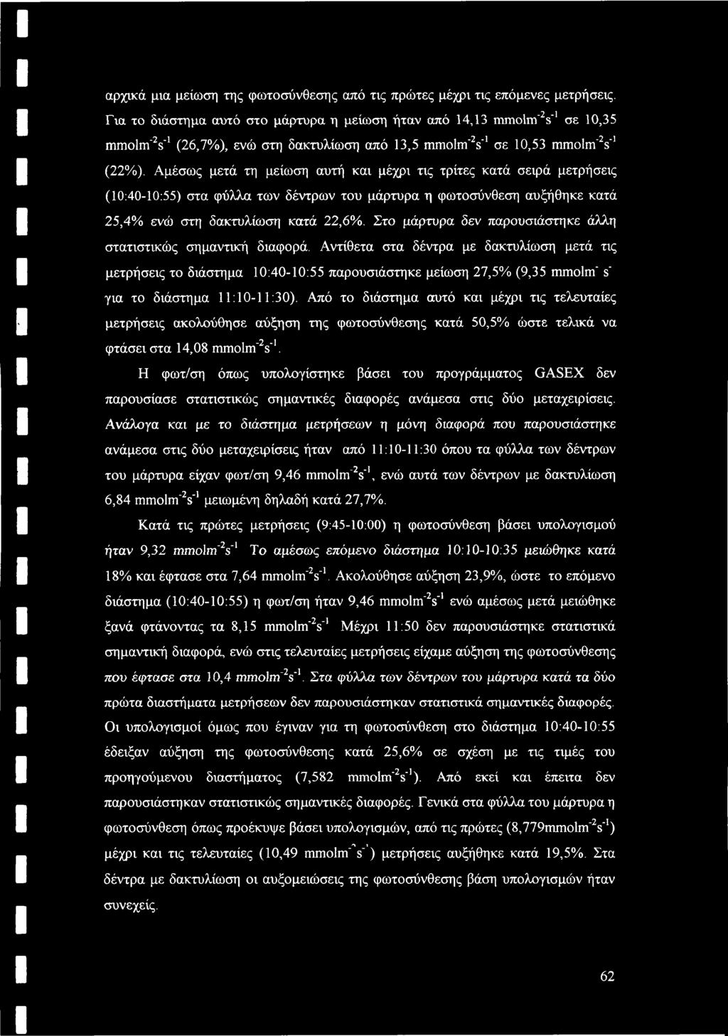 Αμέσως μετά τη μείωση αυτή και μέχρι τις τρίτες κατά σειρά μετρήσεις (10:40-10:55) στα φύλλα των δέντρων του μάρτυρα η φωτοσύνθεση αυξήθηκε κατά 25,4% ενώ στη δακτυλίωση κατά 22,6%.