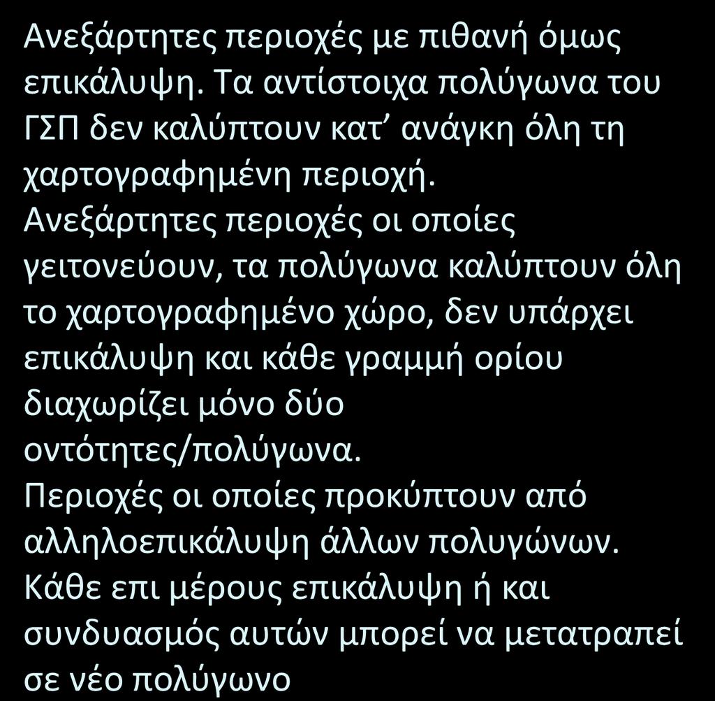 Πολύγωνα και Περιοχές ως γραφικά αντικείμενα Ανεξάρτητες περιοχές με πιθανή όμως επικάλυψη. Τα αντίστοιχα πολύγωνα του ΓΣΠ δεν καλύπτουν κατ ανάγκη όλη τη χαρτογραφημένη περιοχή.