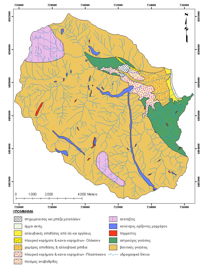 Χάρτης 4. Γεωλογικός χάρτης της περιοχής μελέτης πάνω στον οποίο έχει υπερτεθεί το υδρογραφικό δίκτυο..(γ.υ.σ.,1982,τοπογραφικοί χάρτες 1:50.