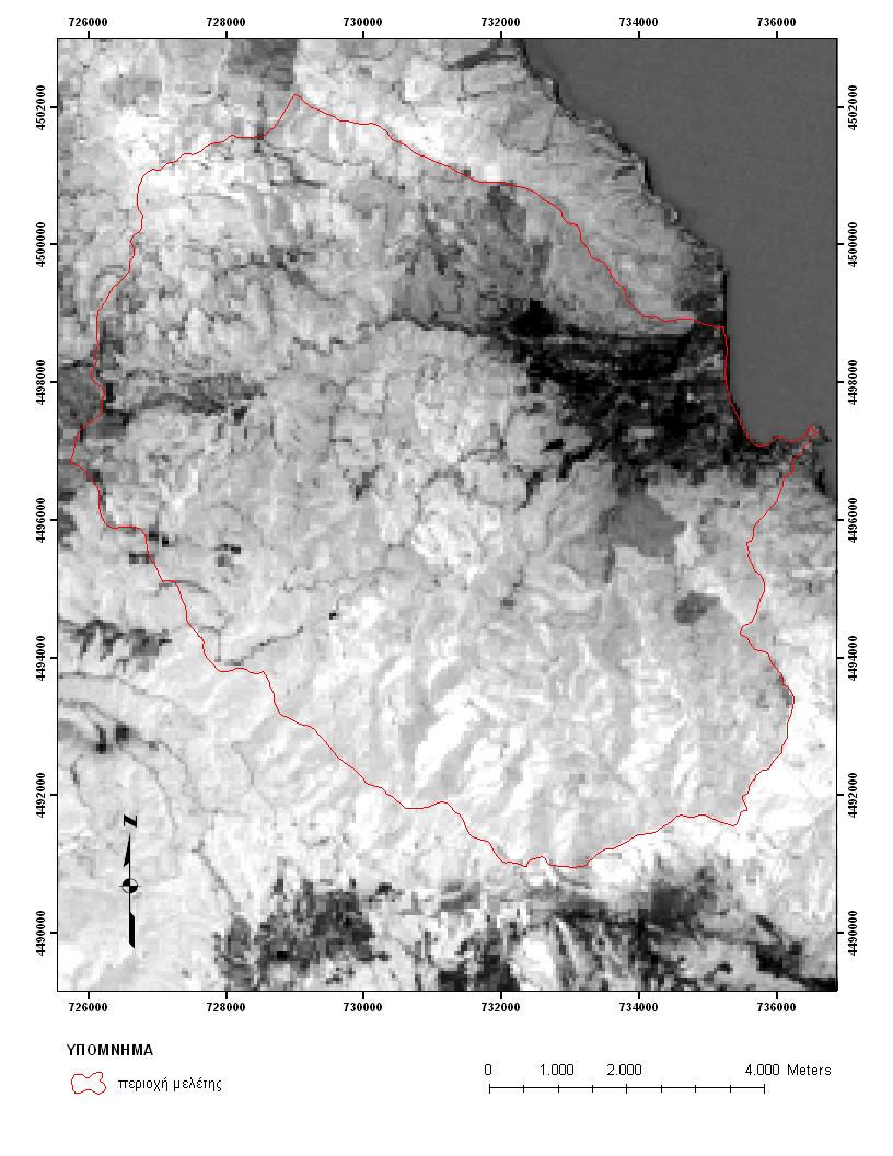 Εικόνα 11. Εικόνα που προέκυψε από την Ανάλυση Κυρίων Συνιστωσών, της πολυφασματικής εικόνας Landsat-7/ETM+, και συγκεκριμένα την δεύτερη κύρια συνιστώσα (PC-2).