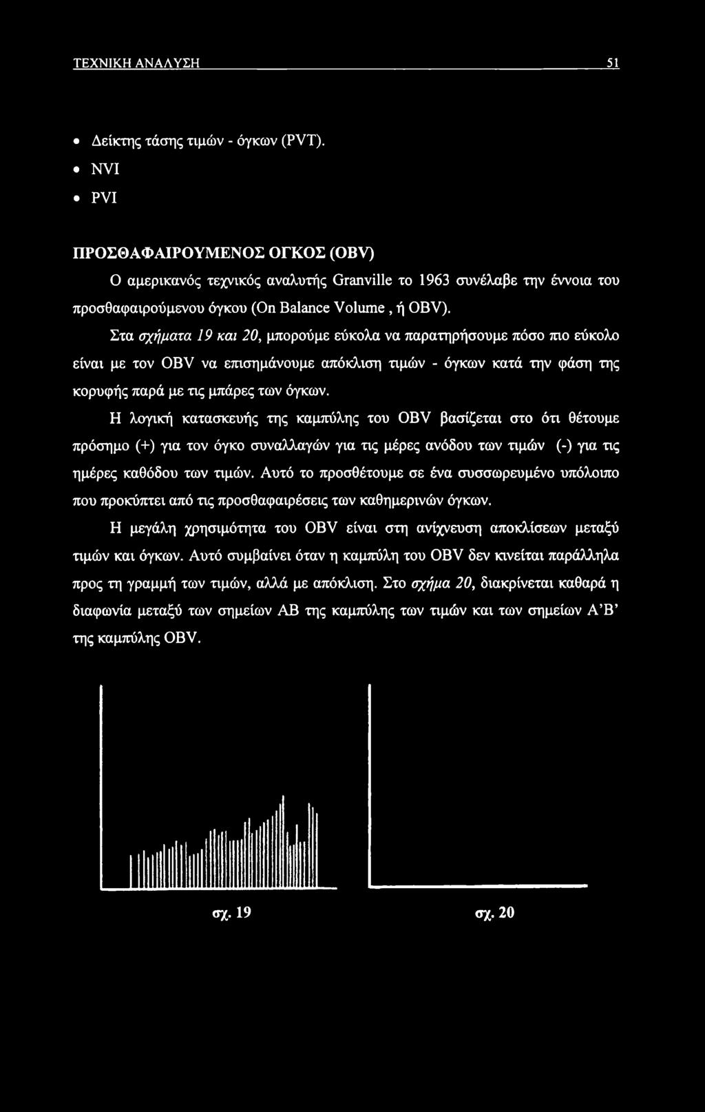 Στα σχήματα 19 και 20, μπορούμε εύκολα να παρατηρήσουμε πόσο πιο εύκολο είναι με τον OBV να επισημάνουμε απόκλιση τιμών - όγκων κατά την φάση της κορυφής παρά με τις μπάρες των όγκων.