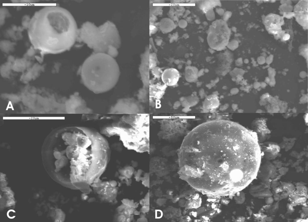 Σχήµα 1. Μικροφωτογραφίες από Ηλεκτρονικό Μικροσκόπιο Σαρώσεως δειγµάτων ιπτάµενης τέφρας. (Α) Μικροφωτογραφία της ιπτάµενης τέφρας του ΑΗΣ Αγ.