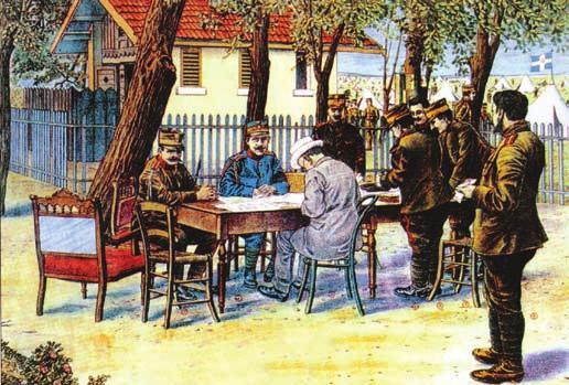 Κωνσταντίνος και Βενιζέλος μελετούν τους όρους της ανακωχής λίγο πριν την έναρξη των συνομιλιών στο Βουκουρέστι, αποτέλεσμα των οποίων ηταν η υπογραφή της ομώνυμης Συνθήκης με την οποία τερματίστηκε