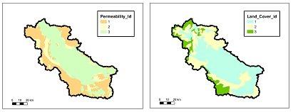 Σχήµα 6.4: Επίπεδα πληροφορίας (αριστερά περατότητα, δεξιά χρήσεις γης) που χρησιµοποιήθηκαν για τον καθορισµό των µονάδων υδρολογικής απόκρισης. Πίνακας 6.