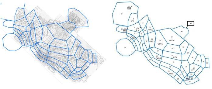 Σχήµα 6.5: ιακριτοποίηση υδροφορέας υτικής Θεσσαλίας µε βάση τον πιεζοµετρικό χάρτη της πεδινής περιοχής (αριστερά), αρίθµηση κυττάρων και γεωτρήσεων παρατήρησης (δεξιά). Πίνακας 6.