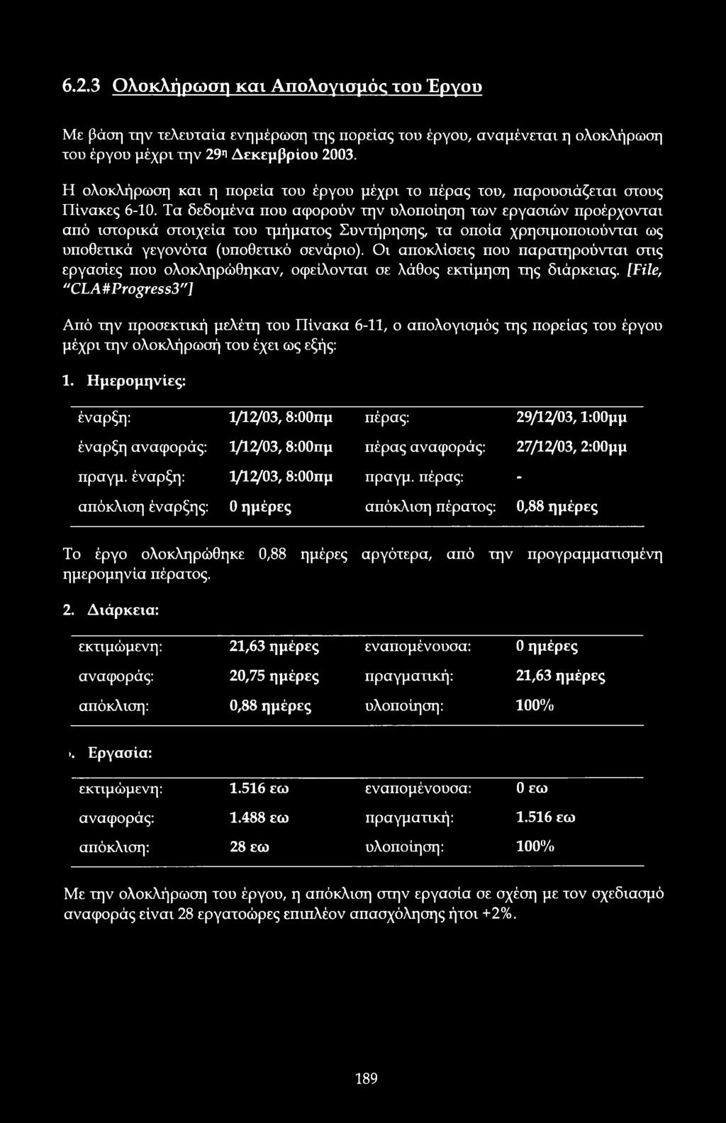 Τα δεδμένα πυ αφρύν την υλπίηση των εργασιών πρέρχνται από ιστρικά στιχεία τυ τμήματς Συντήρησης, τα πία χρησιμπιύνται ως υπθετικά γεγνότα (υπθετικό σενάρι).