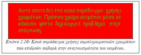 Χρήση γραμμοσκίασης, πλαισίων και πινάκων. Χρήση γραμμάτων, λέξεων ή φράσεων υπογραμμισμένων, με έντονη γραφή, με πλάγια γραφή. Χρήση χρωμάτων σε λέξεις ή φράσεις του κειμένου, όπου αυτό επιβάλλεται.