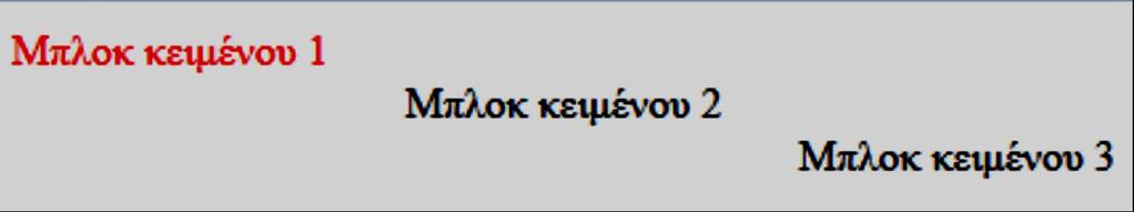 Ομαδοποίηση στοιχείων εγγράφου Σύνταξη CSS: div{text-align:left right center justify;} Παράδειγμα: <body> <div