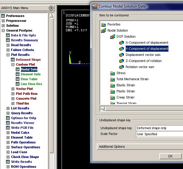 POSTPROCCESING: Contour Plot: Μετατοπίσεις κόμβων στον Y άξονα 1. Επιλογή «Plot results» 2. Επιλογή «Contour Plot» 3. Επιλογή «Nodal Solu» 4. Επιλογή «Nodal Solution» 5.
