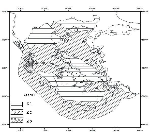 Κεφάλαιο 3 31 3.3.2 Σημαντικές ιδιομορφές Σχήμα 3.17 : Χάρτης Ζωνών Σεισμικής Επικινδυνότητας της Ελλάδος. Θα λαμβάνονται υπόψη όλες οι ιδιομορφές που έχουν σημαντική συμμετοχή στην συνολική απόκριση.