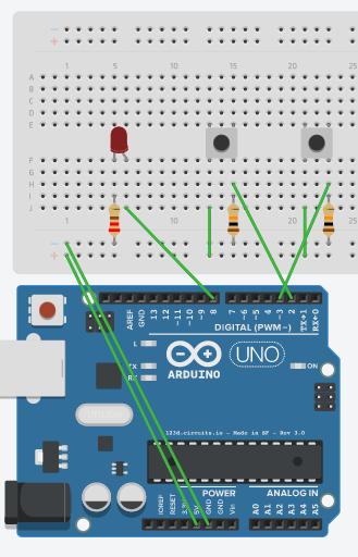 Άσκηση 4: Λύση int led = 8; int button1 = 2; int button2 = 3; void setup() { pinmode(led, OUTPUT);