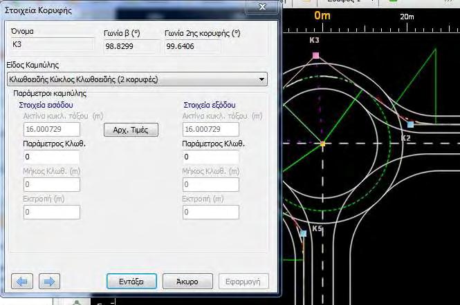 Στην κορυφή Κ2 εισήχθηκε ακτίνα ίση με Ri+c/2 Στις κορυφές Κ3 και Κ4, μέσω εντολής του προγράμματος μετατράπηκε το είδος της καμπύλης από Κλωθοειδής Κύκλος Κλωθοειδής σε Κλωθοειδής Κύκλος Κλωθοειδής