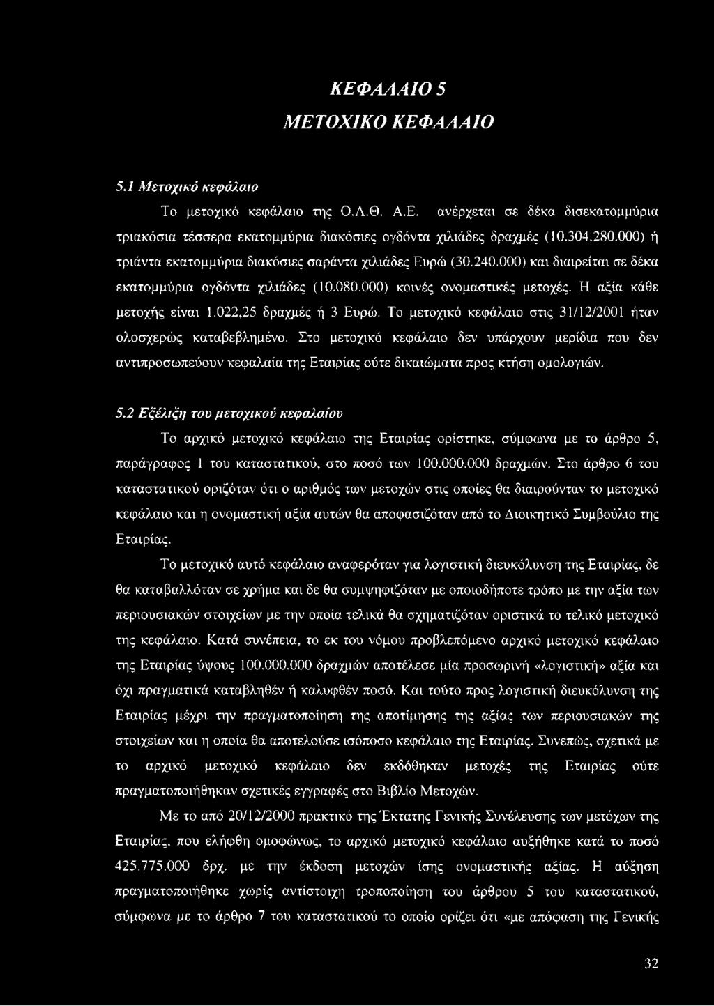 022,25 δραχμές ή 3 Ευρώ. Το μετοχικό κεφάλαιο στις 31/12/2001 ήταν ολοσχερώς καταβεβλημένο.