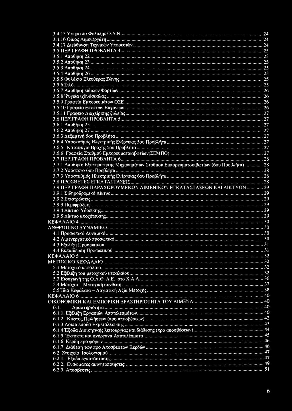 ..26 3.5.11 Γραφείο Διαχείρισης ξυλείας...27 3.6 ΠΕΡΙΓΡΑΦΗ ΠΡΟΒΛΗΤΑ 5... 27 3.6.1 Αποθήκη 2 5...27 3.6.2 Αποθήκη 2 7...27 3.6.3 Δεξαμενή 5ου Προβλήτα...27 3.6.4 Υποσταθμός Ηλεκτρικής Ενέργειας 5ου Προβλήτα.