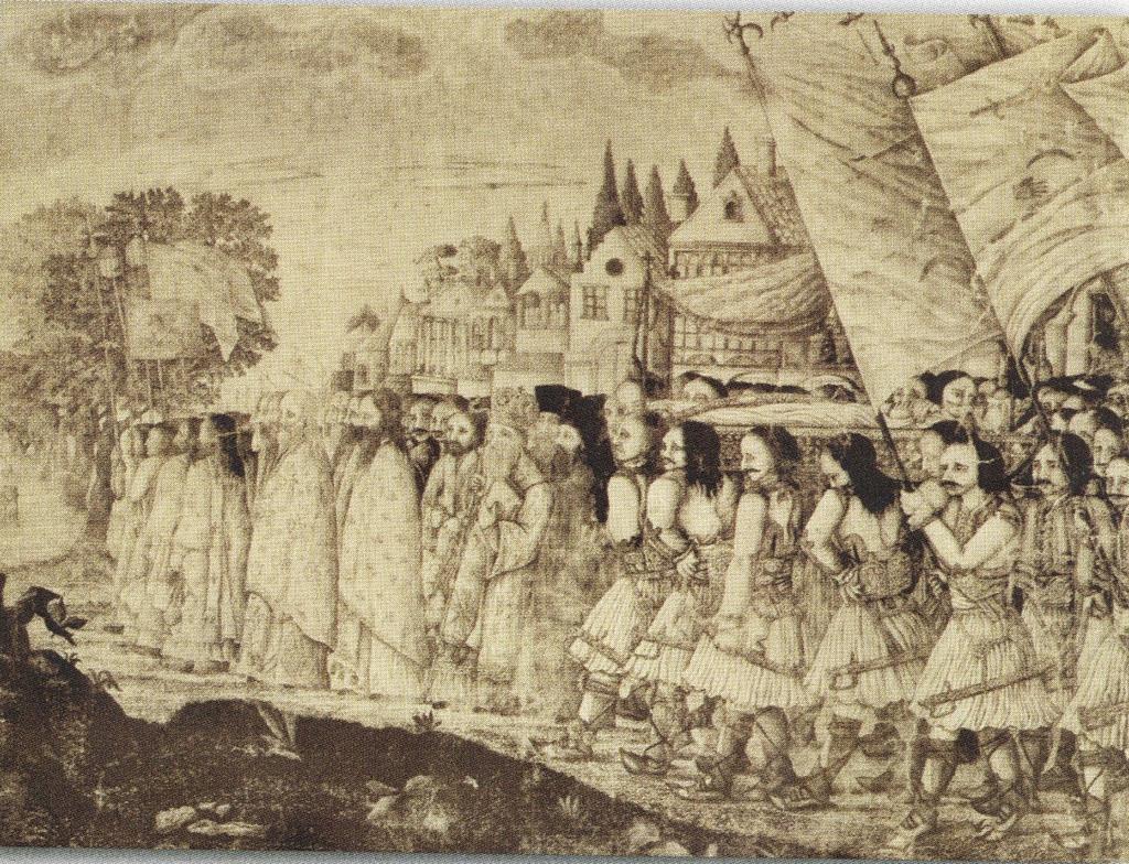 6. Σ αυτήν την εικόνα έχουμε την κηδεία του Μάρκου Μπότσαρη στο Μεσολόγγι (Αύγουστος 1823). Σ αυτήν τον πίνακα του Αθανάσιου Ιατρίδη υπερτονίζεται η παρουσία του Ιερατείου που προχωρεί προς τον τάφο.