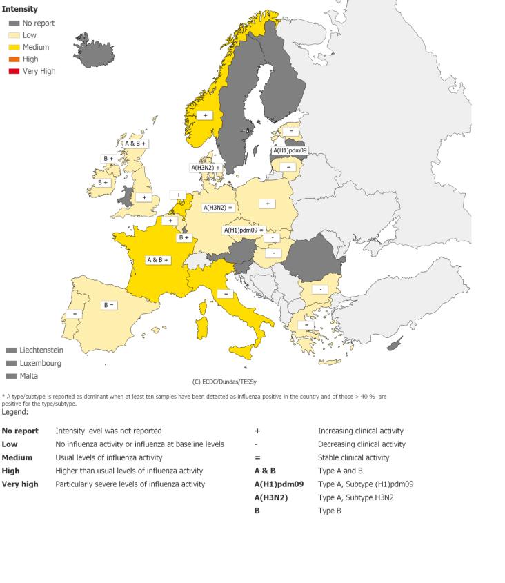 Ε. Η δραστηριότητα της γρίπης στην Ευρώπη Κατά τη διάρκεια της εβδομάδας 52/2012 η δραστηριότητα της γρίπης παρέμεινε χαμηλή στις 25 από τις 29 χώρες που απέστειλαν δεδομένα, ενώ 4 χώρες (Γαλλία,