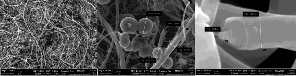 δομών. Συγκεκριμένα, στις εικόνες SEM παρατηρείται ανάπτυξη τόσο νανοσωλήνων όσο και άλλων δομών άνθρακα όπως νανοϊνών και μικρο-σφαιρών (micro-spheres).