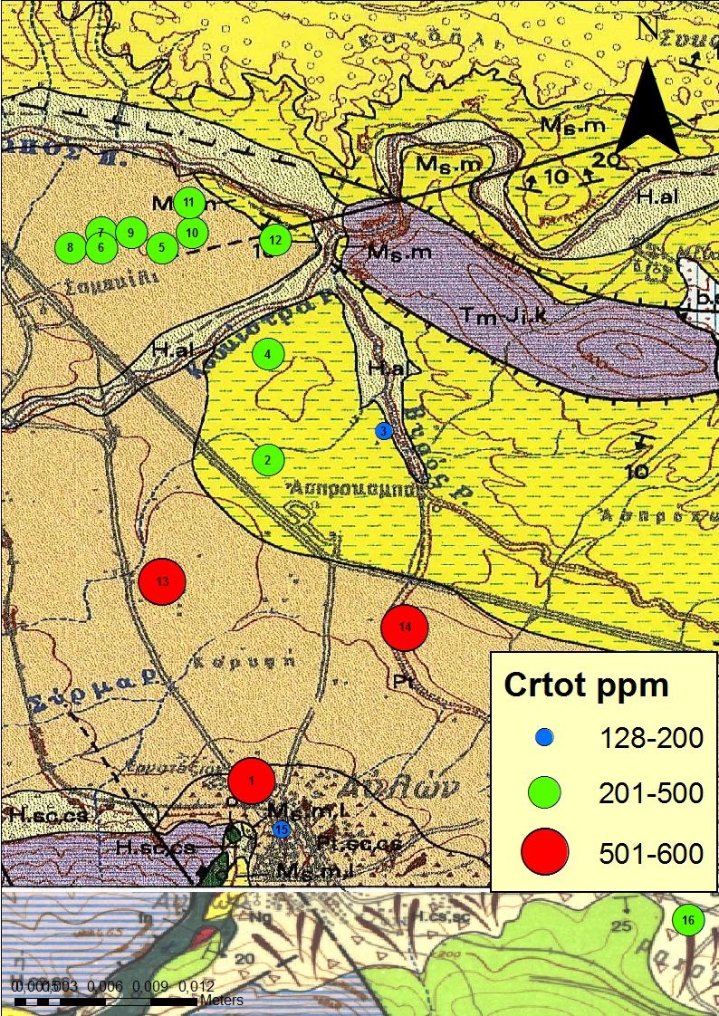 Χωρική κατανομή περιεκτικότητας ολικού Cr (ppm) στα