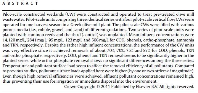 wetlands (VF CW) in OMW treatment mean pollutant removal