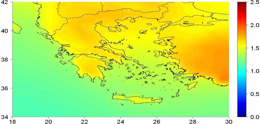 Μεταβολή Θερμοκρασίας ( o C) Σενάριο A1B: Μεταβολή της Μέσης Ετήσιας Θερμοκρασίας μεταξύ των περιόδων 2021-2050 και 1961-1990 Σενάριο A1B: Μεταβολή της Μέσης Ετήσιας Θερμοκρασίας μεταξύ των περιόδων