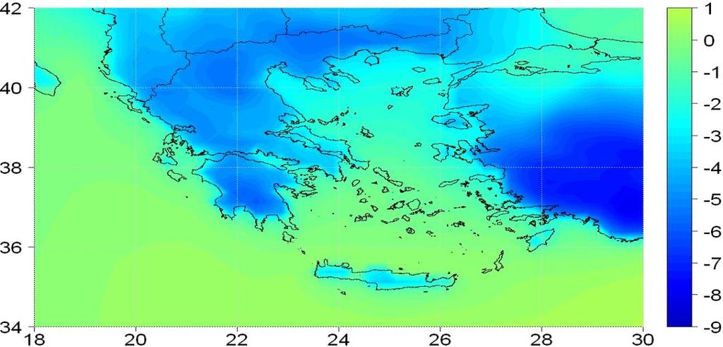 Εκατοστιαία Μεταβολή της Σχετικήw Υγρασίας(%) Σενάριο Α1Β: Εκατοστιαία Μεταβολή της Μέσης Ετήσιας τιμής της Σχετικής Υγρασίας μεταξύ των περιόδων 2021-2050 και 1961-1990 Σενάριο Α1Β: Εκατοστιαία