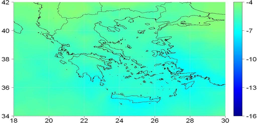 Εκατοστιαία Μεταβολή της Νεφοκάλυψης (%) Νεφοκάλυψη Σενάριο A1B: Εκατοστιαία Μεταβολή της Μέσης Ετήσιας Τιμής της Νεφοκάλυψης μεταξύ των περιόδων 2021-2050 και 1961-1990 2021-2050, Σενάριο Α1Β:
