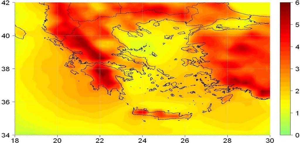 ηλιακής ακτινοβολίας κατά 3,1 W/μ 2 (Σενάριο Β2) κατά 4,1 W/μ 2 (Σενάριο Α2) Μεγαλύτερη αύξηση στις ηπειρωτικές περιοχές και ιδιαίτερα στα Δυτικά και Βόρεια.