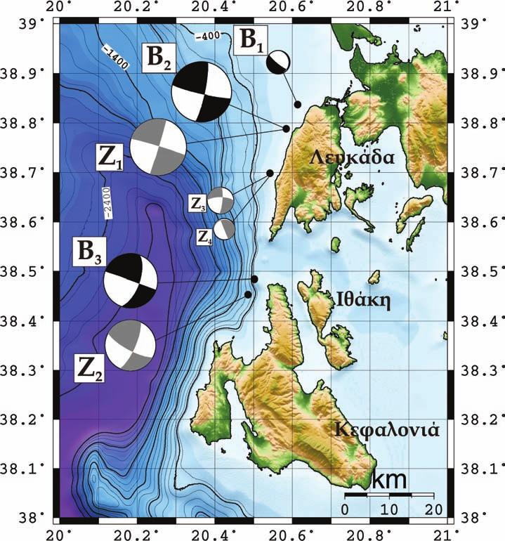 ΚΕΦΑΛΑΙΟ 3 Σχήμα 3.22. Προταθείσες πηγές για τον κύριο σεισμό της Λευκάδας 2003 (Σχήμα από Benetatos et al., 2007).