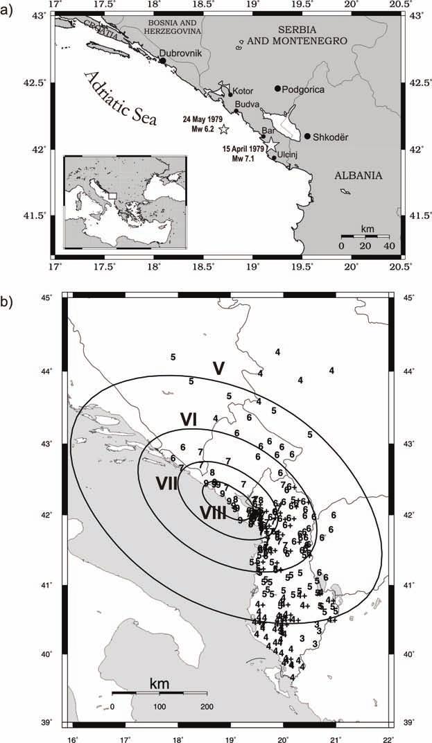 ΚΕΦΑΛΑΙΟ 4 Σχήμα 4.9 a) Περιοχή γένεσης του κύριου σεισμού του Μαυροβουνίου (15 Απριλίου 1979, Μ 7.1) και του μεγαλύτερου μετασεισμού του (24 Μαΐου 1979, Μ 6.4) (από Benetatos and Kiratzi, 2006).