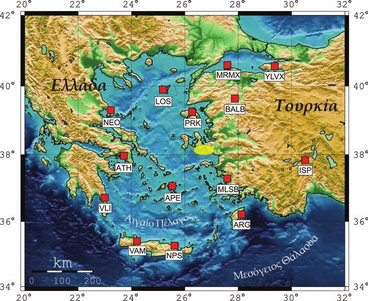 ΚΕΦΑΛΑΙΟ 4 Σχήμα 4.42 Θέσεις σταθμών που χρησιμοποιήθηκαν για τον υπολογισμό της κατευθυντικότητας και της ολίσθησης για τους 3 μεγαλύτερους σεισμούς της ακολουθίας στον κόλπο του Siğaçik.