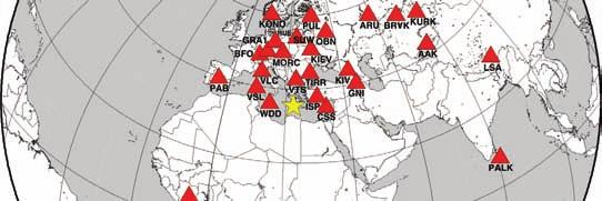 Συνολικά χρησιμοποιήθηκαν δεδομένα από 36 σταθμούς οι οποίοι παρέχουν ικανοποιητική αζιμουθιακή κάλυψη γύρω από το επίκεντρο του σεισμού (Σχ. 4.67).