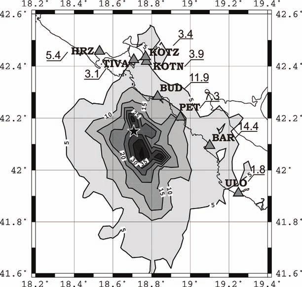 ΚΕΦΑΛΑΙΟ 5 Σχήμα 5.8 Παρατηρούμενες τιμές μέγιστης εδαφικής ταχύτητας (cm/sec) (μαύροι συμπαγείς κύκλοι) που έχουν αναχθεί σε βράχο (Class B, NEHRP, βλ.