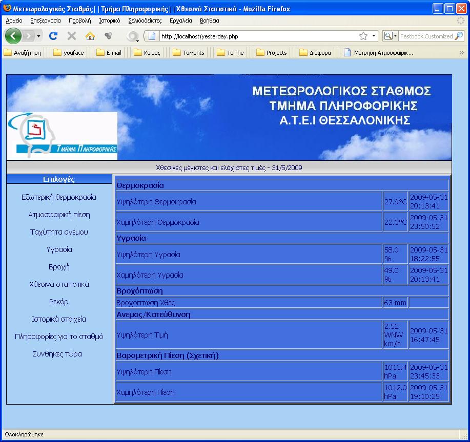 Σχήμα 3.13 yesterday.php 3.8.3 prev_months.php Στη συγκεκριμένη σελίδα παραπέμπει το link «Ιστορικά στοιχεια». Εδω παρουσιάζονται τα δεδομένα μιας οποιασδηποτε ημέρας του παρελθοντος.