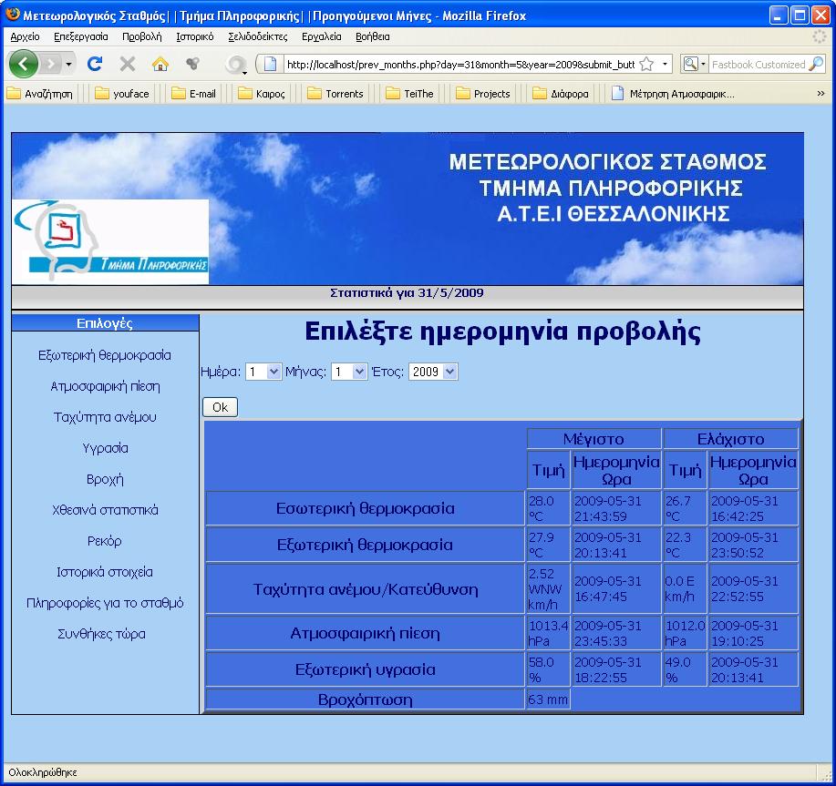 Σχήμα 3.15 prev_months.php για τις 31-05-09 3.8.4 rekor.php Στη συγκεκριμένη σελίδα παραπέμπει το link «Ρεκορ». Εδώ παρουσιάζονται τα ρεκόρ που σημειωθήκαν καθ ολη τη διάρκεια λειτουργιάς του σταθμου.