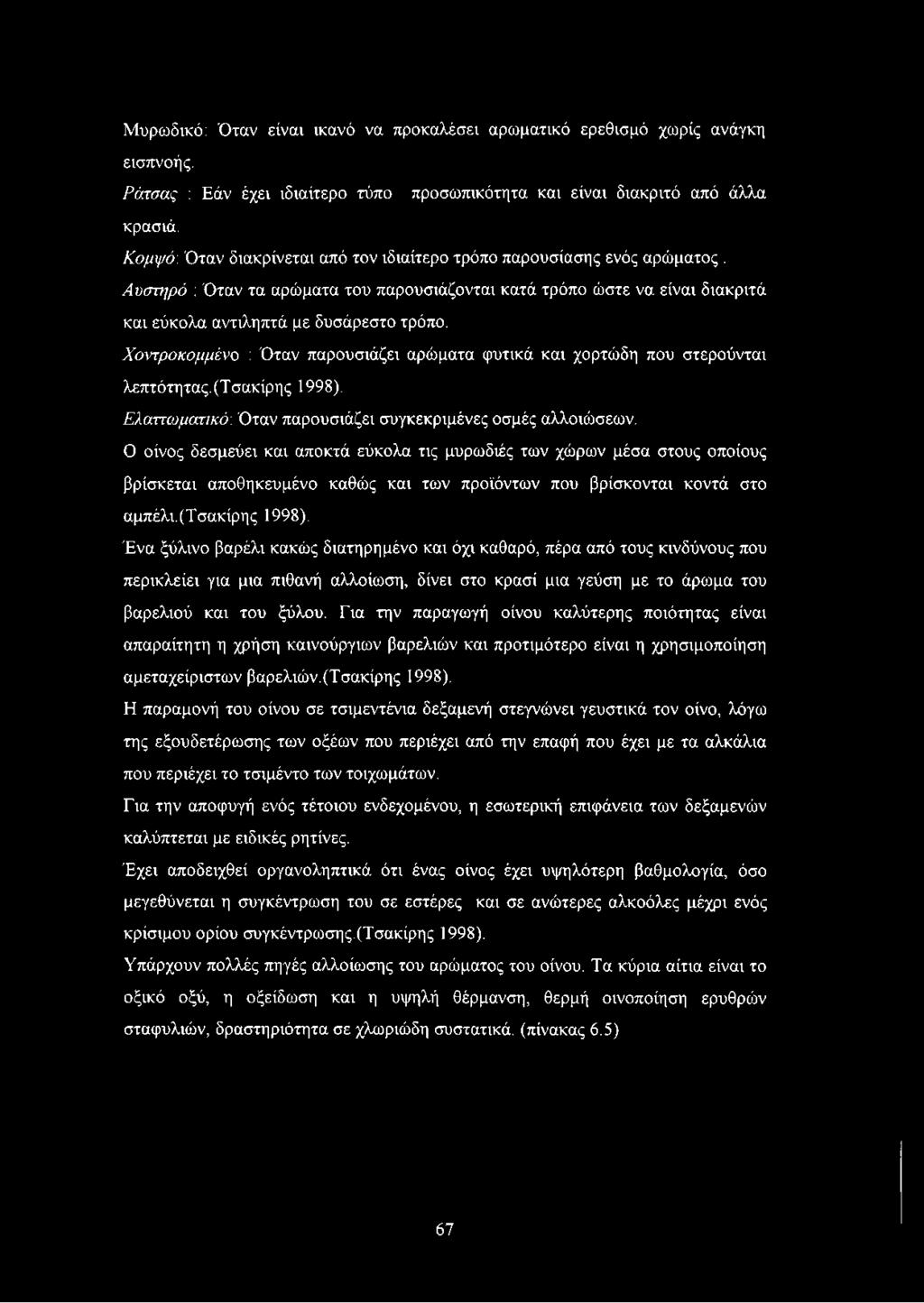 Χοντροκομμένο : Όταν παρουσιάζει αρώματα φυτικά και χορτώδη που στερούνται λεπτότητας. (Τσακίρης 1998). Ελαττωματικό: Όταν παρουσιάζει συγκεκριμένες οσμές αλλοιώσεων.