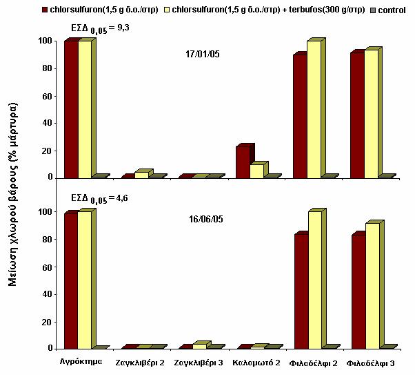 48 για τα δύο πειράµατα, αντίστοιχα, σε σύγκριση µε τον αψέκαστο µάρτυρα, ενώ η συνδυασµένη επέµβαση της συνιστώµενης δόσης του chlorsulfuron και του εντοµοκτόνου terbufos προκάλεσε 100% µείωση στο