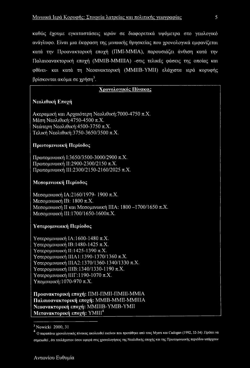 οποίας και φθίνει- και κατά τη Νεοανακτορική (ΜΜΙΙΒ-ΥΜΙΙ) ελάχιστα ιερά κορυφής βρίσκονται ακόμα σε χρήση3. Νεολιθική Εποχή Χρονολογικός Πίνακας Ακεραμική και Αρχαιότερη Νεολιθική:7000-4750 π.χ. Μέση Νεολιθική:4750-4500 π.