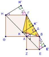 β) Οι ΑΗ και ΑΕ είναι διαγώνιες στα δύο τετράγωνα, άρα είναι και διχοτόμοι των γωνιών του, δηλαδή A3 A4 45. Είναι HAE A3AB A4 45 90 45 180, άρα τα σημεία Η,Α,Ε είναι συνευθειακά.