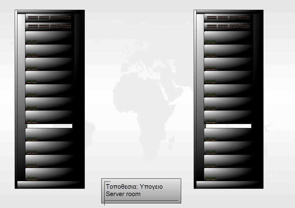 σχήµα 3.1.2 Στο χώρο του Server Room έχουµε τις συσκευές που φαίνονται στο παρακάτω Σχήµα 3.1.2 To Server Room του κτιρίου αυτού διαθέτει δυο επιδαπεδια rack πολλαπλών θέσεων στα οποία είναι τοποθετηµένες όλες οι συσκευές.