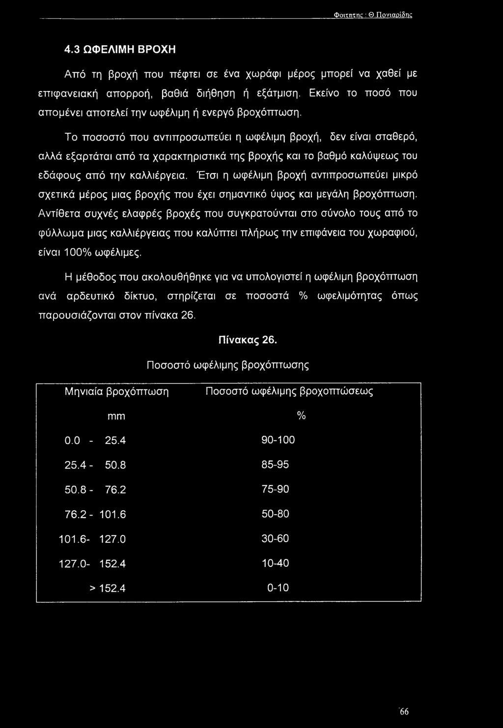 Το ποσοστό που αντιπροσωπεύει η ωφέλιμη βροχή, δεν είναι σταθερό, αλλά εξαρτάται από τα χαρακτηριστικά της βροχής και το βαθμό καλύψεως του εδάφους από την καλλιέργεια.