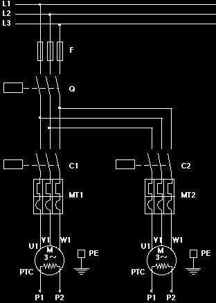 ITALIANO LEGENDA MT1 = Interr. protezione motore 1 MT2 = Interr. protezione motore 2 C1 = Contattore motore 1 C2 = Contattore motore 2 PE = Collegam.