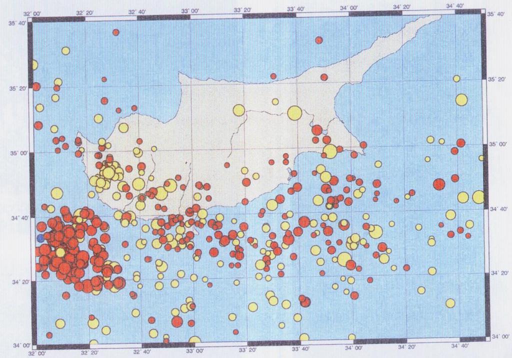 2.2.3 Κατανομή της σεισμικής δραστηριότητας στον κυπριακό χώρο Μια παραστατική εικόνα της σεισμικής δραστηριότητας στον κυπριακό χώρο παρουσιάζει ο χάρτης στο Σχήμα 2.