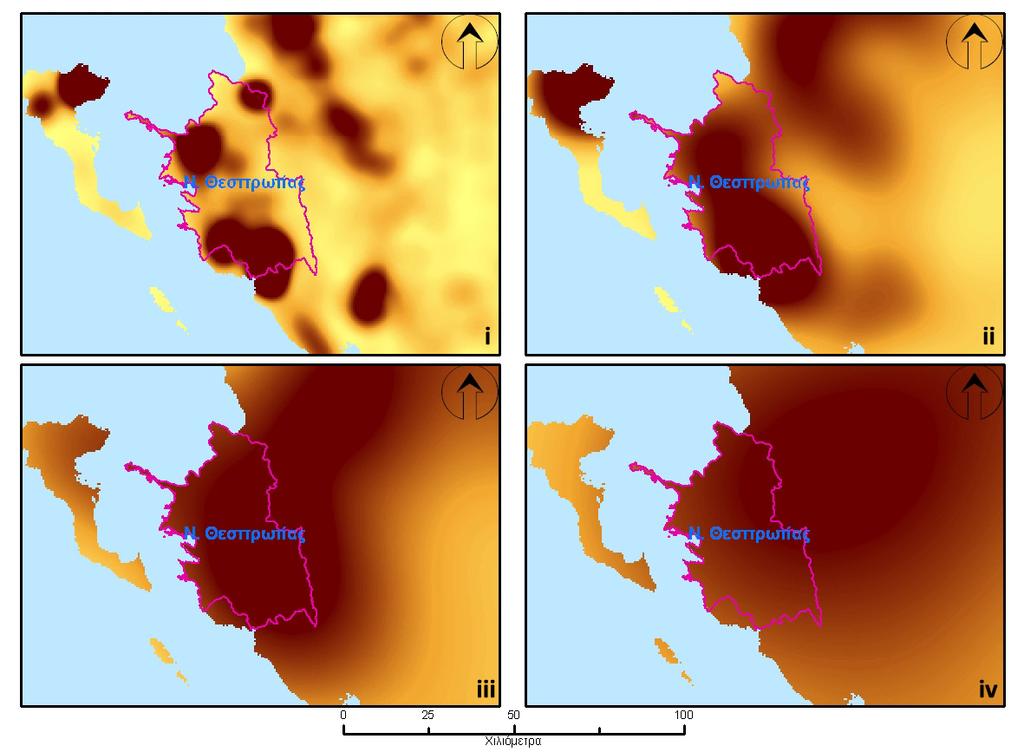 Χάρτης 4.13: Πυκνότητα πυρήνα για το Ν. Θεσπρωτίας με παράγοντα εξομάλυνσης 8km (i), 25km (ii), 50km (iii), 100km (iv).