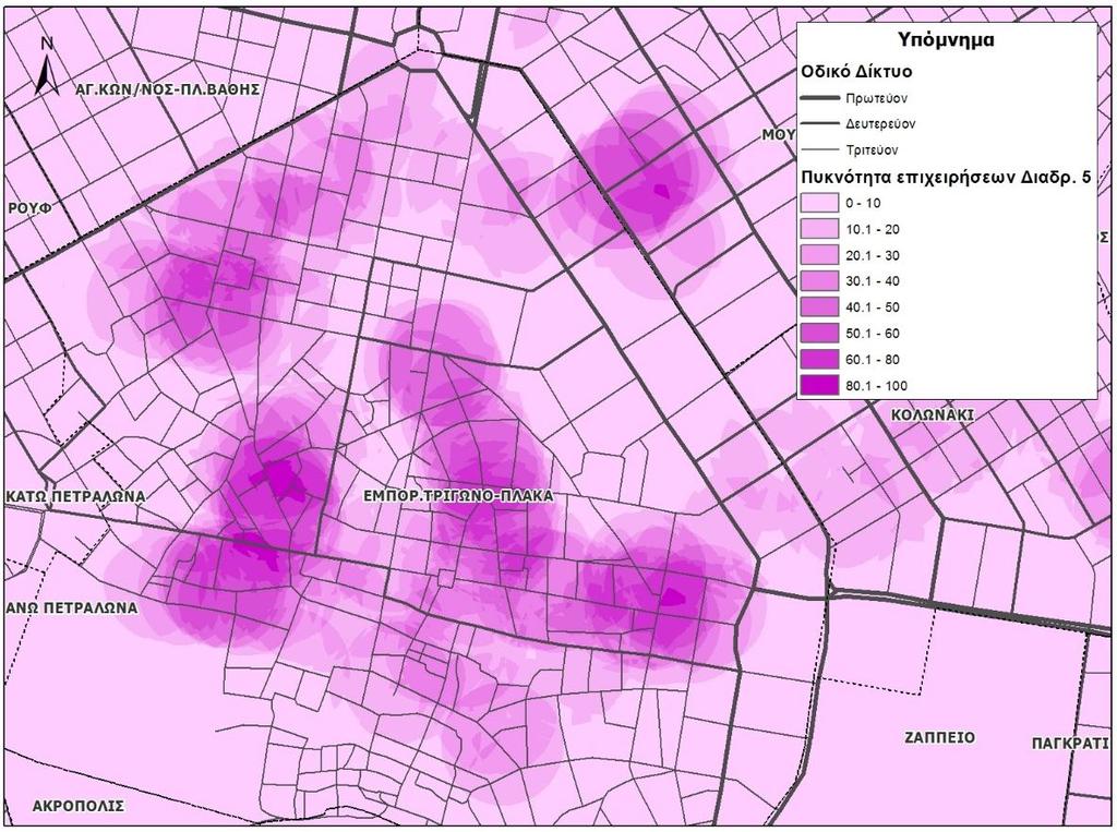 Εικόνα 2.85. Πυκνότητα επιχειρήσεων κύριων κλάδων διαδρομής 5 (κλίμακα 0-100) Εικόνα 2.86.