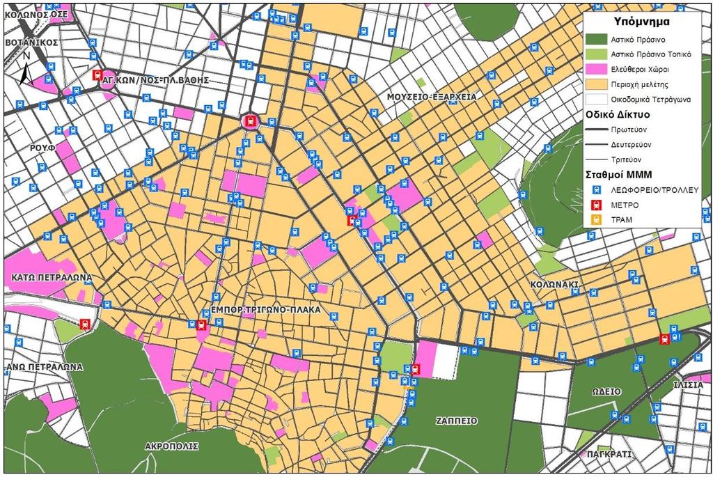 Σταθμοί ΜΜΜ Τέλος, στην παρακάτω εικόνα εμφανίζονται οι στάσεις λεωφορείων/τρόλεϊ και μετρό στο κέντρο της Αθήνας που λήφθηκαν υπόψη, με βάση τις οποίες εξασφαλίζεται η προσβασιμότητα. Εικόνα 2.9.