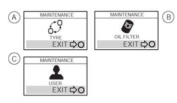 Προειδοποίηση συντήρησης (A) [OIL FILTER] (φίλτρο λαδιού) (B) [TYRE] (ελαστικά) (C) [USER] (χρήστης) Οι παραπάνω υπενθυμίσεις προειδοποίησης συντήρησης θα εμφανιστούν όταν έχει πλησιάσει η