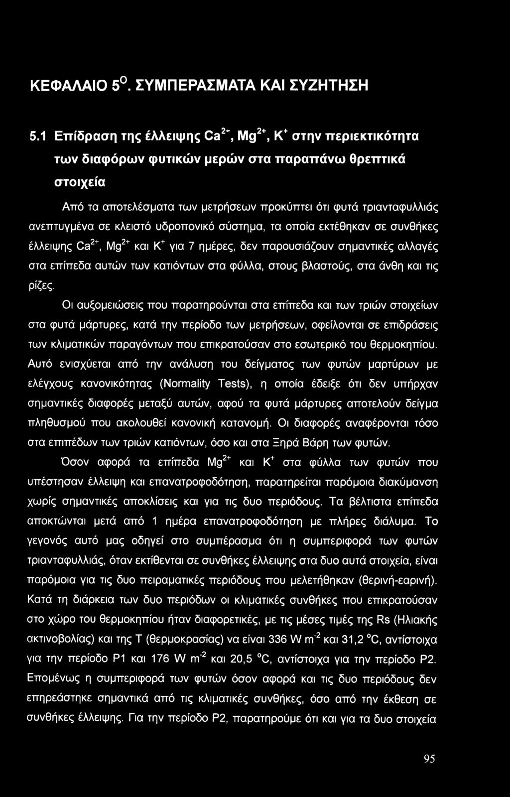 κλειστό υδροπονικό σύστημα, τα οποία εκτέθηκαν σε συνθήκες έλλειψης Ca2+, Mg2+ και Κ+ για 7 ημέρες, δεν παρουσιάζουν σημαντικές αλλαγές στα επίπεδα αυτών των κατιόντων στα φύλλα, στους βλαστούς, στα