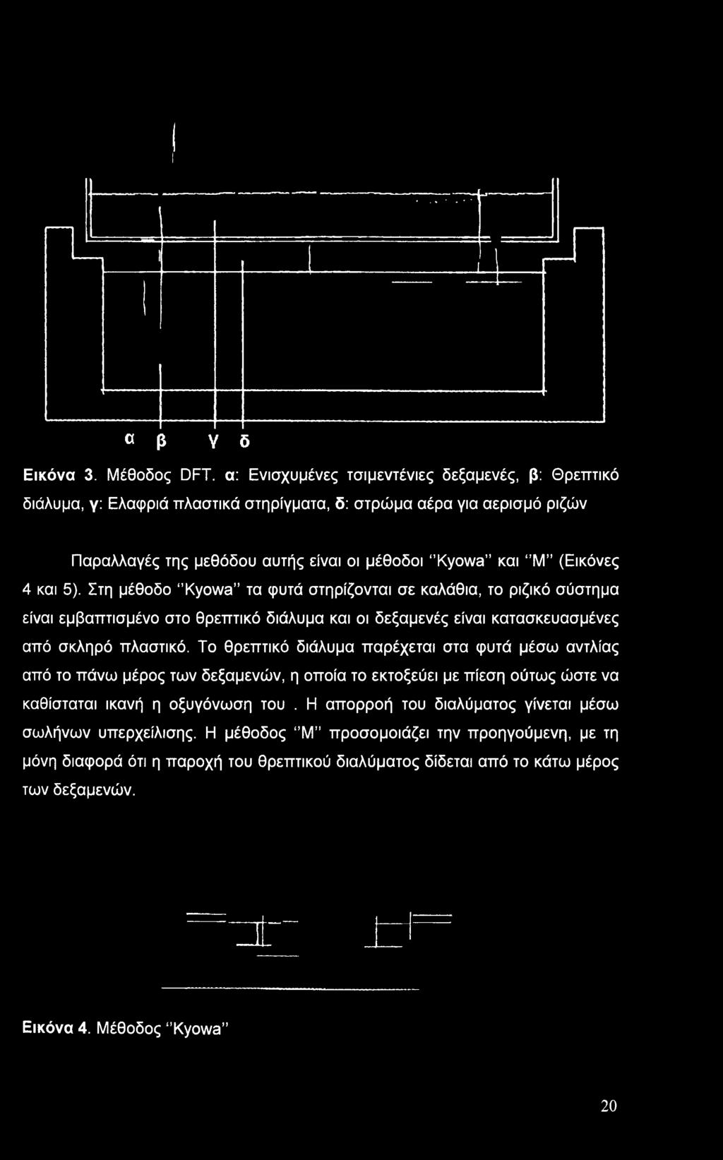 5). Στη μέθοδο "Kyowa τα φυτά στηρίζονται σε καλάθια, το ριζικό σύστημα είναι εμβαπτισμένο στο θρεπτικό διάλυμα και οι δεξαμενές είναι κατασκευασμένες από σκληρό πλαστικό.