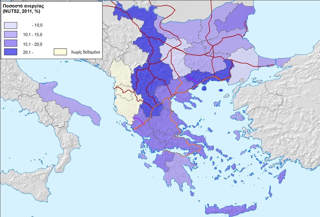 Σε όλες σχεδόν τις χώρες και περιφέρειες της ζώνης επιδράσεων, το ποσοστό ανεργίας βρίσκεται πάνω από το μέσο όρο της EU27/28 τόσο για το 2011 όσο και για το 2006.