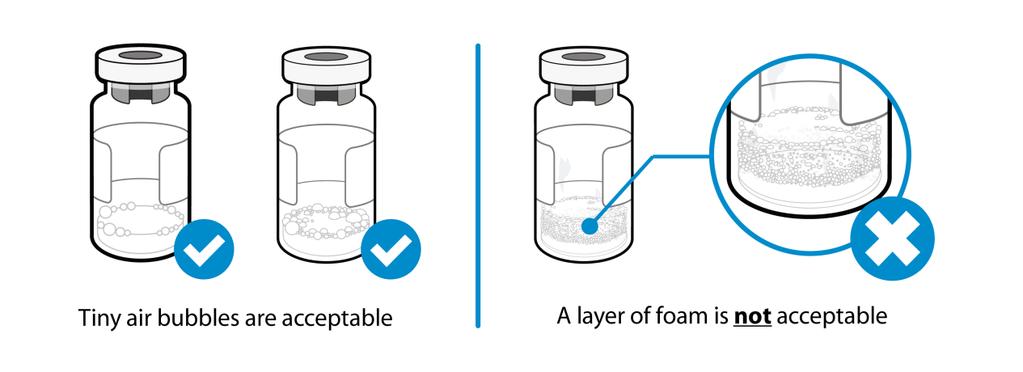 Πολύ μικρές φυσαλίδες αέρα είναι αποδεκτές Μία στρώση αφρού δεν είναι αποδεκτή Πώς μπορώ να αποτρέψω τη δημιουργία αφρού στο φάρμακο; Πιέστε το έμβολο πολύ αργά, έτσι ώστε το υγρό να κυλήσει απαλά